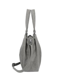 Gray suede handbag featuring a slouchy shape, dual twisted handles, and an adjustable shoulder strap with metal accents.