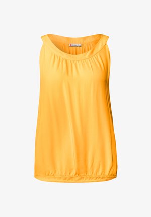 Żółta bezrękawnikowa bluzka z szerokim okrągłym dekoltem i marszczeniem z przodu. Miękka tkanina o gładkiej fakturze. Elastyczny dół.