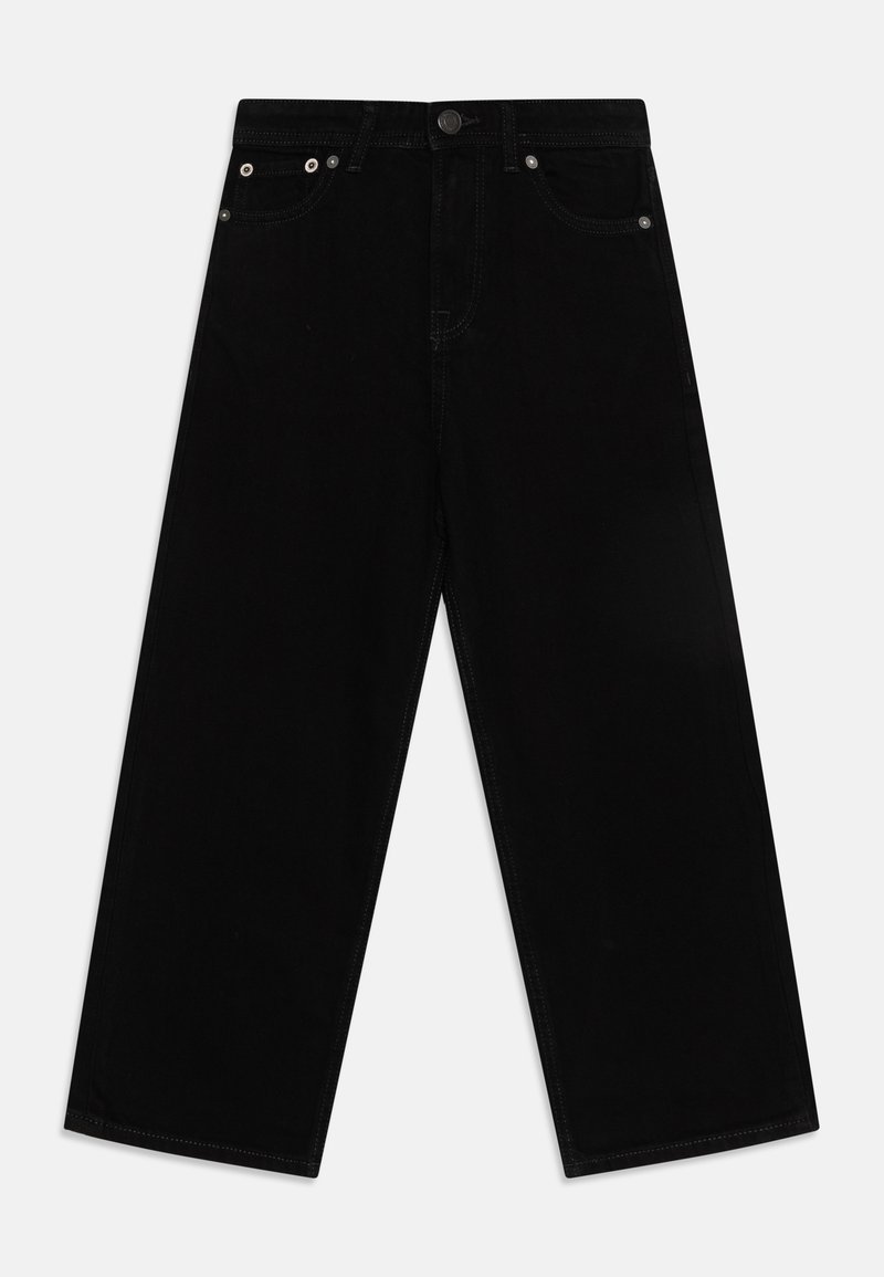 Black wide-leg jeans in denim fabric, featuring a classic five-pocket design, metal button closure, and contrasting stitching details.