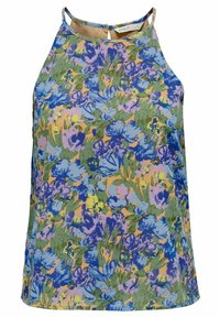 Kleurige mouwenloze top met een bloemenpatroon in blauw, roze, geel en groen op een lichte achtergrond; soepele stof en een relaxte pasvorm.