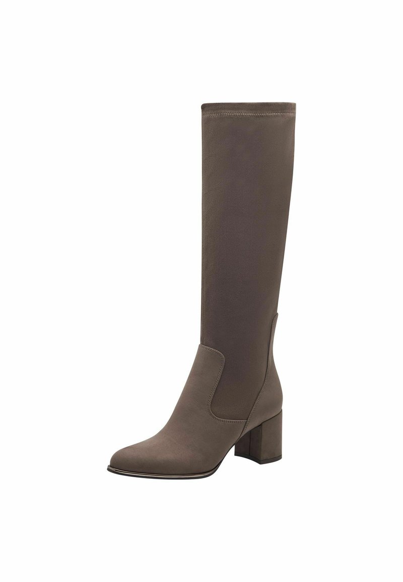 Hoher grauer Wildlederstiefel mit spitzer Zehe, moderatem Blockabsatz und seitlichen elastischen Einsätzen für einen einfachen Einstieg. Glatte Textur und minimale Akzente.