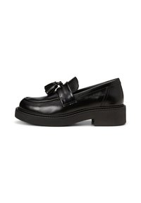 Schwarze Lederloafer mit einer Quastenakzent, runder Zehenpartie und einer dicken schwarzen Plateau-Sohle. Glatte Textur mit subtilen Nähdetails.