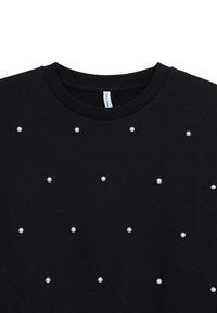 Felpa nera in cotone con collo a girocollo e perle bianche disposte uniformemente sulla parte frontale. Texture liscia, design casual.