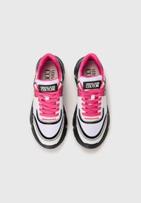 Pair of Versace Jeans Couture sneakers with white mesh, black detailing, and bright pink laces and inner lining, viewed from above.