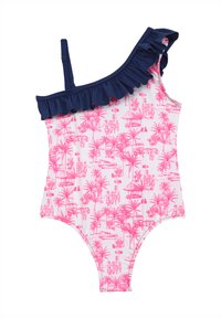 Maillot de bain asymétrique avec une bretelle volantée marine, imprimé tropical rose présentant des palmiers et des scènes de plage sur fond blanc.