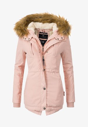 Pink winter jacket with a fur-lined hood, zip and snap closures, and side pockets. Features a cinched waist for a tailored fit.