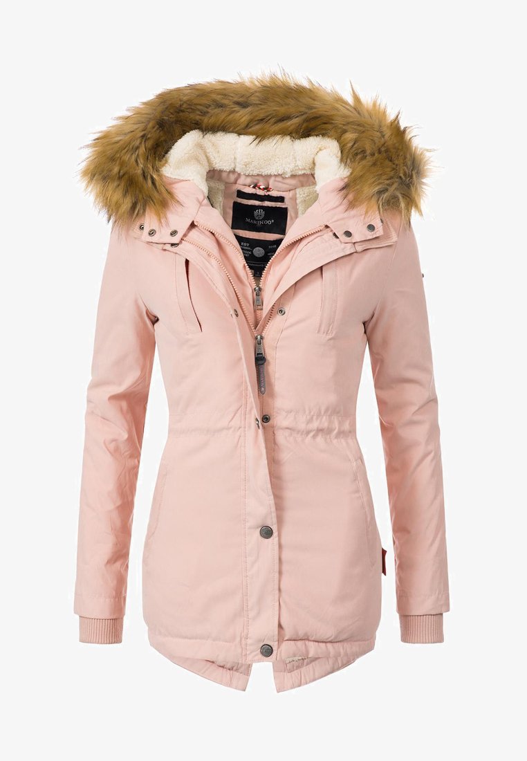 Chaqueta de invierno rosa con capucha forrada de piel, cierres de cremallera y a presión, y bolsillos laterales. Cuenta con una cintura ajustada para un ajuste a medida.