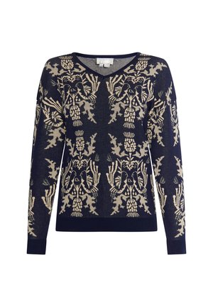 Navy blue sweater with a V-neck, featuring a cream-colored, intricate botanical and animal pattern. Made of textured knit material.