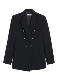 Blazer noir croisé avec six boutons métalliques, revers à cran, manches longues et deux poches fendues à l’avant.