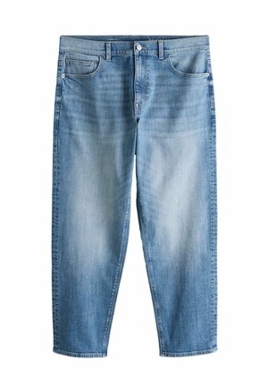 Blugi din denim albastru deschis, cu croială dreptă, buzunare frontale, închidere cu nasturi și decolorări subtile pe coapse și genunchi.