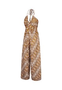 Mono sin mangas con cuello halter y patas anchas, que presenta un patrón geométrico de chevron en marrón, blanco y amarillo.