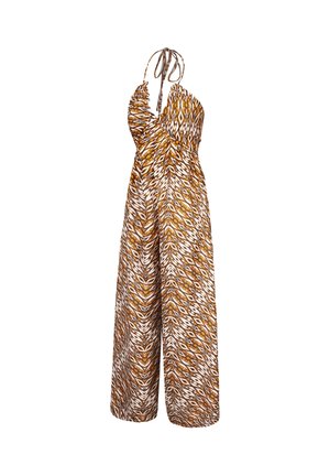 Mouwloze halter-jumpsuit met brede benen, voorzien van een bruin, wit en geel geometrisch zigzagpatroon.