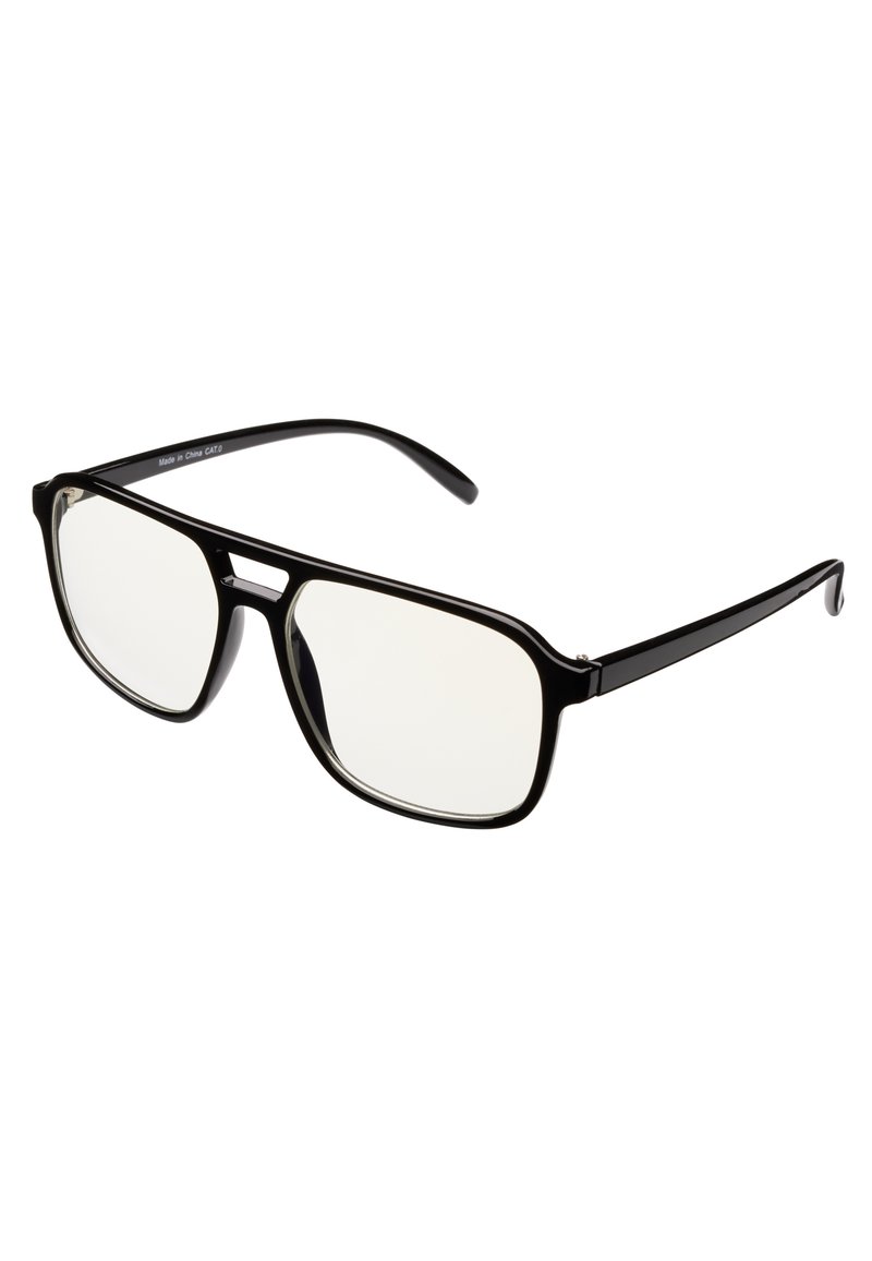 Černé obdélníkové brýle s tlustými plastovými rámečky, plochými skly a úzkými lesklými nožičkami, s decentním designem klíčové dírky na můstku.