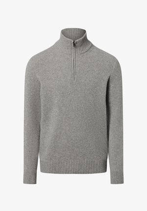 Grauer Wollpullover mit einem hohen, gerippten Kragen und einem halben Reißverschluss. Verfügt über gerippte Bündchen und Saum und zeigt eine weiche, strukturierte Oberfläche.