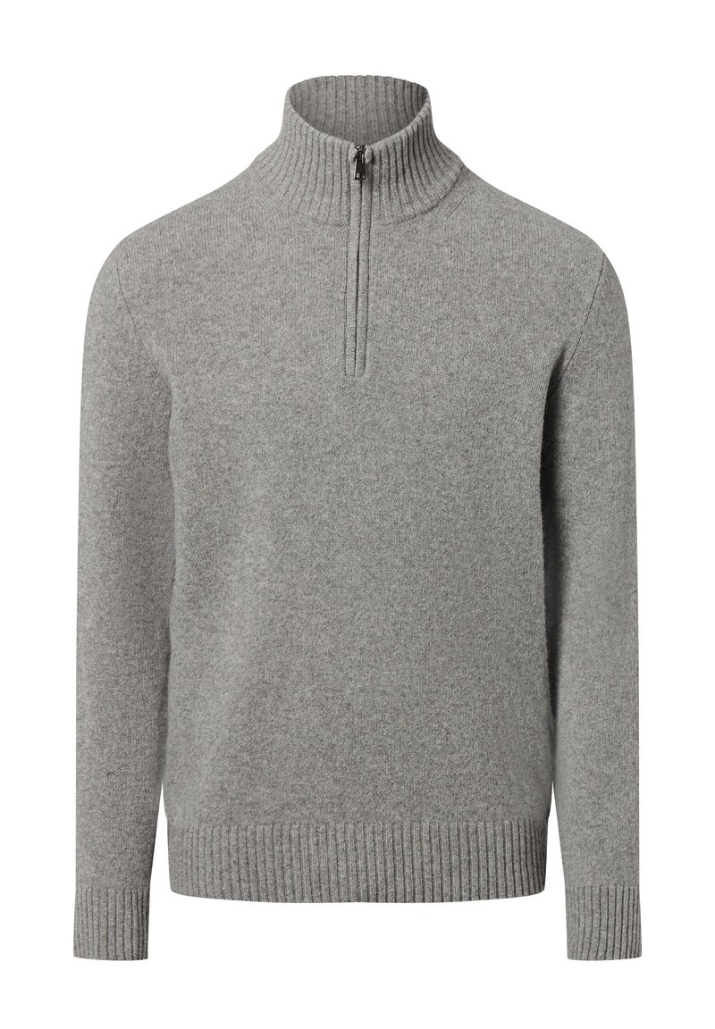 Grijze wollen trui met een hoge, ribbelige kraag en een halve rits. Voorzien van ribbelige manchetten en een zoom, met een zachte, gestructureerde oppervlakte.
