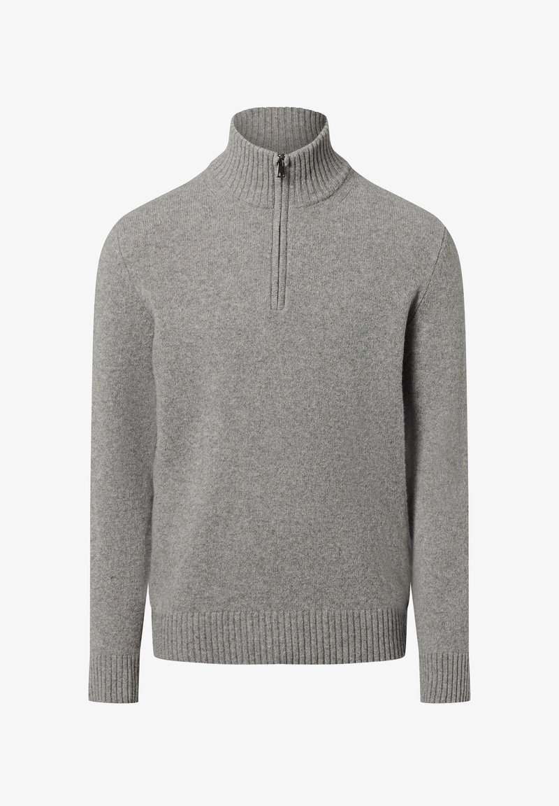 Grijze wollen trui met een hoge, ribbelige kraag en een halve rits. Voorzien van ribbelige manchetten en een zoom, met een zachte, gestructureerde oppervlakte.