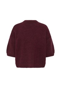 Pull en maille rouge foncé à manches courtes, col rond et coupe ample et carrée, vu de dos.