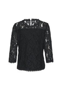 Black lace top with three-quarter sleeves, scalloped edges, sheer texture, floral pattern, and a back closure.