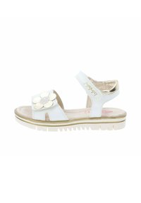 Witte sandalen met een bloemenaccent, verstelbare band, gestructureerde rubberen zool en gouden details. Voorzien van een open teen en een casual ontwerp.