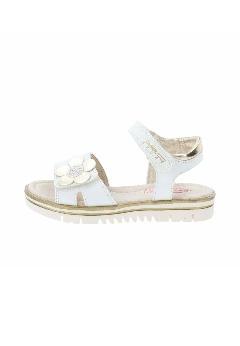 Witte sandalen met een bloemenaccent, verstelbare band, gestructureerde rubberen zool en gouden details. Voorzien van een open teen en een casual ontwerp.