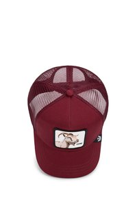 Maroon cap with a mesh back, featuring a patch of a goat on the front. Structured shape, adjustable size, and textured fabric.