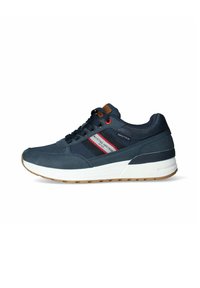 Sneaker navy in materiali mesh e suede, con intersuola bianca, suola in gomma, strisce rosse e navy, e dettaglio in pelle marrone sulla linguetta.