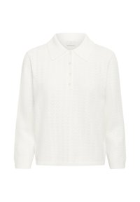 Polo-shirt blanc en maille avec un motif texturé, trois boutons et un col classique. Manches longues et tissu doux et léger.