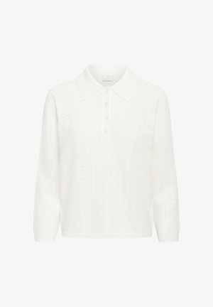 Polo shirt alb, tricotat, cu un model texturat, trei nasturi și guler clasic. Mâneci lungi și material moale, ușor.