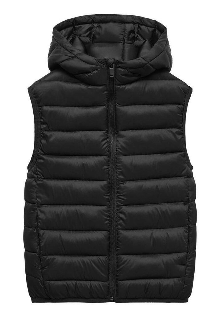 Musta toppaliivi vetoketjulla, hupulla ja tikatulla kuviolla. Ominaisuuksiin kuuluu tyylikäs, sileä pinta ja tasaisesti sijoitetut pehmustetut osiot.