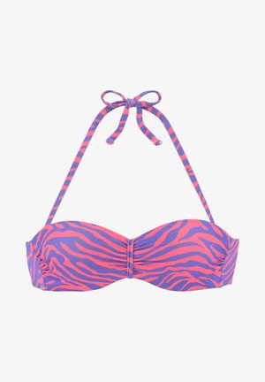 Bikini-Top mit einem lila und rosa Zebramuster, das über einen Halterneck-Bandverschluss verfügt und in der Mitte gerafft ist. Das Material sieht dehnbar und glatt aus.
