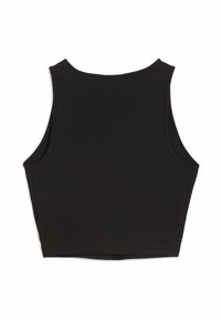 Zwarte, geribbelde tanktop met een hoge halslijn en mouwloze uitstraling. Kenmerkt zich door een cropped lengte en een aansluitende pasvorm zonder zichtbare sluitingen.