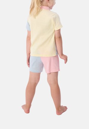 Kids' two-piece outfit with short sleeves and shorts, featuring pastel yellow, blue, and pink stripes. Cotton fabric, relaxed fit, no visible patterns.