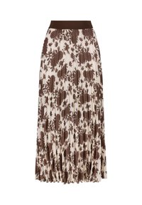 Geplooide rok met een bloempatroon in bruin en roomkleur, met een effen bruin tailleband. Gemaakt van lichtgewicht, vloeiend materiaal met een zachte textuur.