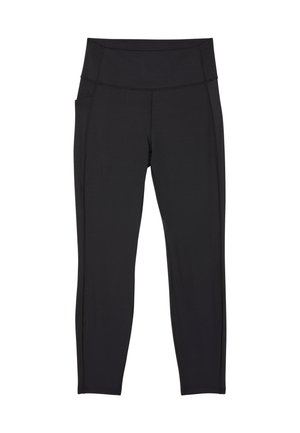 Leggings noirs taille haute avec poches latérales, coutures plates et coupe à la cheville, conçus pour un usage sportif ou décontracté.