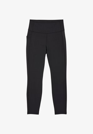 Leggings noirs taille haute avec poches latérales, coutures plates et coupe à la cheville, conçus pour un usage sportif ou décontracté.