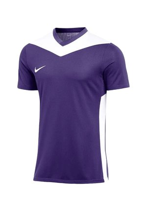 Lila-weißes kurzärmeliges Sporttrikot mit V-Ausschnitt und weißem Nike-Logo auf der rechten Brust.