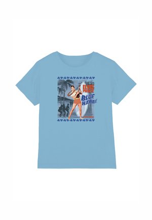 Light blue T-shirt with vintage-style Elvis Presley holding a guitar, text "Elvis Presley Blue Hawaii," palm trees, and dancing silhouettes.