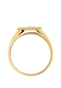 Guldring med en rundet skæft, glat overflade og et struktureret rebdesign rundt om den øverste kant. Enkel, elegant form uden udsmykninger.