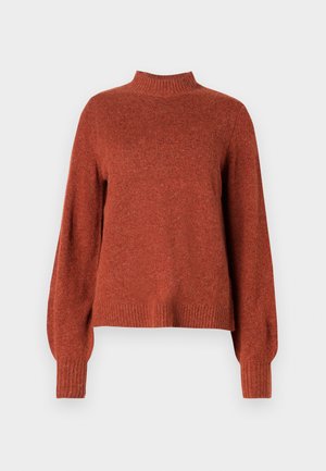 Pull en tricot à manches longues de couleur rouille avec un col montant, des poignets et un ourlet côtelés, présenté sur un fond blanc uni.