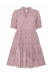 Pink eyelet dress with short puff sleeves, a V-neckline, tiered design, and scalloped hem, featuring intricate cut-out patterns throughout.
