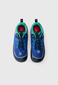 Ein Paar blaue und grüne Sportschuhe mit elastischen Schnürsenkeln und roten Innensohlen, von oben auf weißem Hintergrund präsentiert, Größe 36.