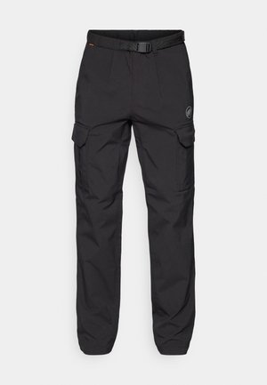 Pantalons cargo noirs avec une ceinture, plusieurs poches latérales et un logo. Fabriqués en matériau durable avec une texture lisse.