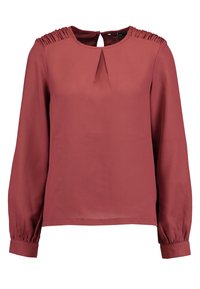 Burgundi pitkät hihoissa oleva paita, jossa on avainaukko selässä, pleatattu hartiastus ja kerätyt hihansuut, valmistettu sileästä ja kevyestä materiaalista.