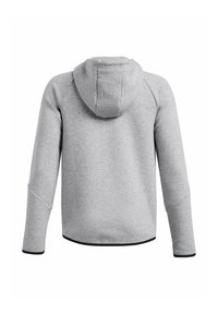 Grijze hoodie van een getextureerde, zachte stof. Toont een achteraanzicht, raglanmouwen en een capuchon met trekkoord. Zwarte afwerking aan de zoom en manchetten.