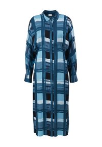 Hemdblusenkleid mit blau-schwarz karierter Musterung, langen Ärmeln, Kragen und lockerer Passform, gefertigt aus leichtem Material.