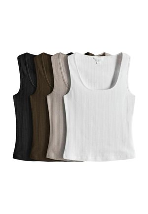 Ensemble de cinq débardeurs côtelés en noir, brun foncé, beige, brun clair et blanc, disposés en chevauchement sur un fond blanc.