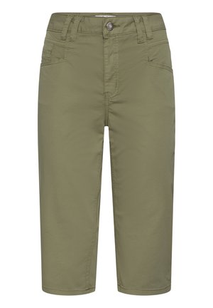 Olivzaļi Bērmuša šorti no viegla auduma ar pogu aizdari, jostas cilpām un divām priekšējām kabatām. Gluda tekstūra un ceļgalu garuma griezums.