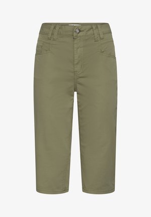 Olivengrønne bermuda shorts lavet af letvægtsstof med knaplukning, bæltestropper og to forlommer. Glat tekstur og knælængde.