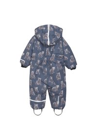 Blå børnesnowsuit med bjørnemønster, elastiske manchetter, hætte og hvide reflekterende striber for synlighed.