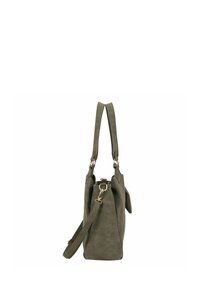 Borsa a mano verde in ecopelle con design strutturato, doppi manici, tracolla removibile e dettagli in metallo color oro.